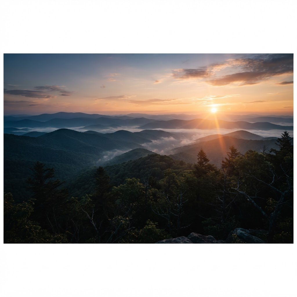 Layered Blue Ridge mountain ridgelines at golden-hour sunrise with fog in the valleys